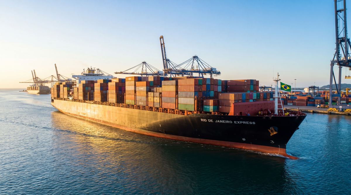 Navio cargueiro com containers no Porto de Santos — frete marítimo internacional Brasfreight