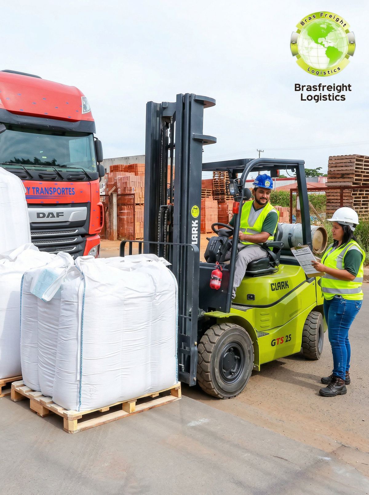 Operação logística Brasfreight com empilhadeira e big bags